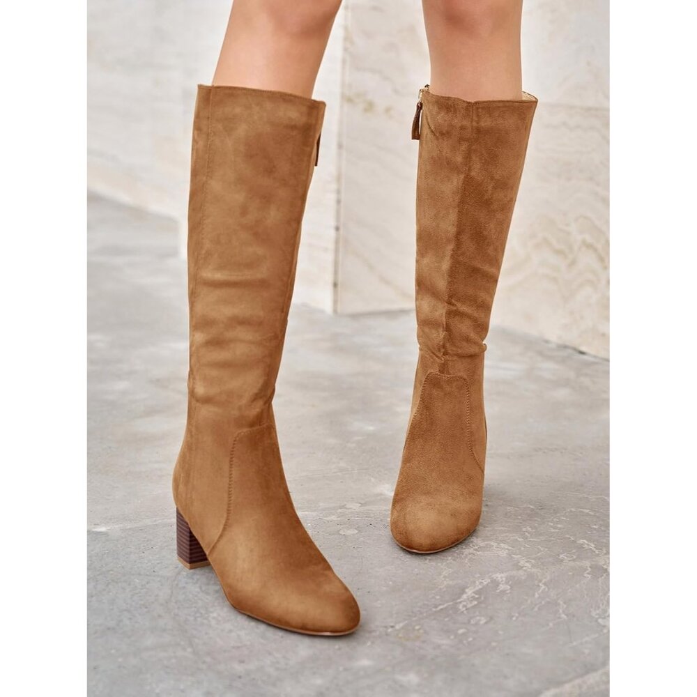 Women's Light Brown Chunky Heel Knee High Boots Suede Round Toe Fall Winter Tall - Picture 3 of 6